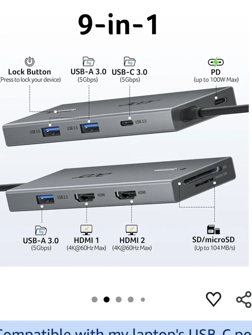 Acer USB-C Docking Station Dual Monitor, 9-in-1 Laptop Dock